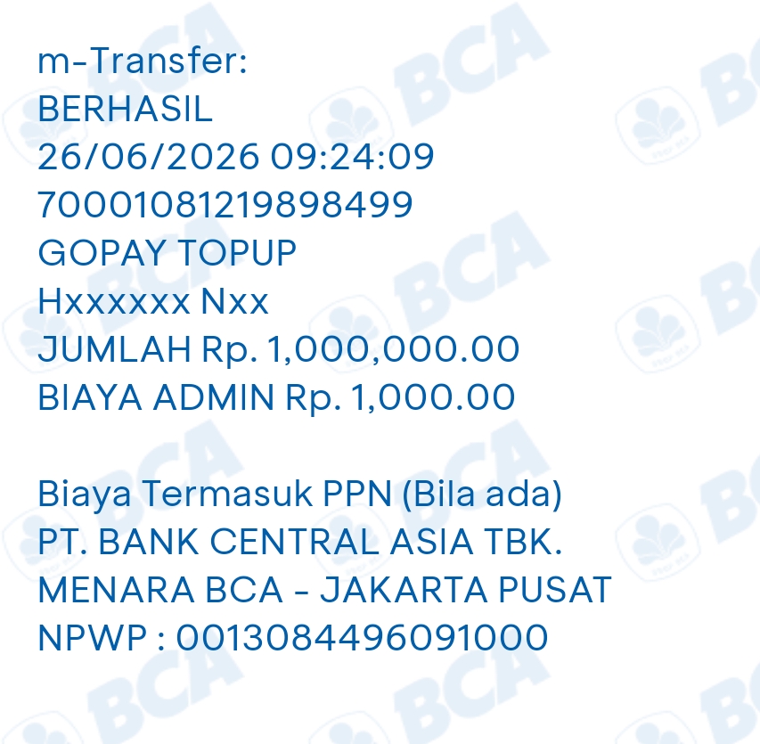 Transfer ke Pak Hidayat